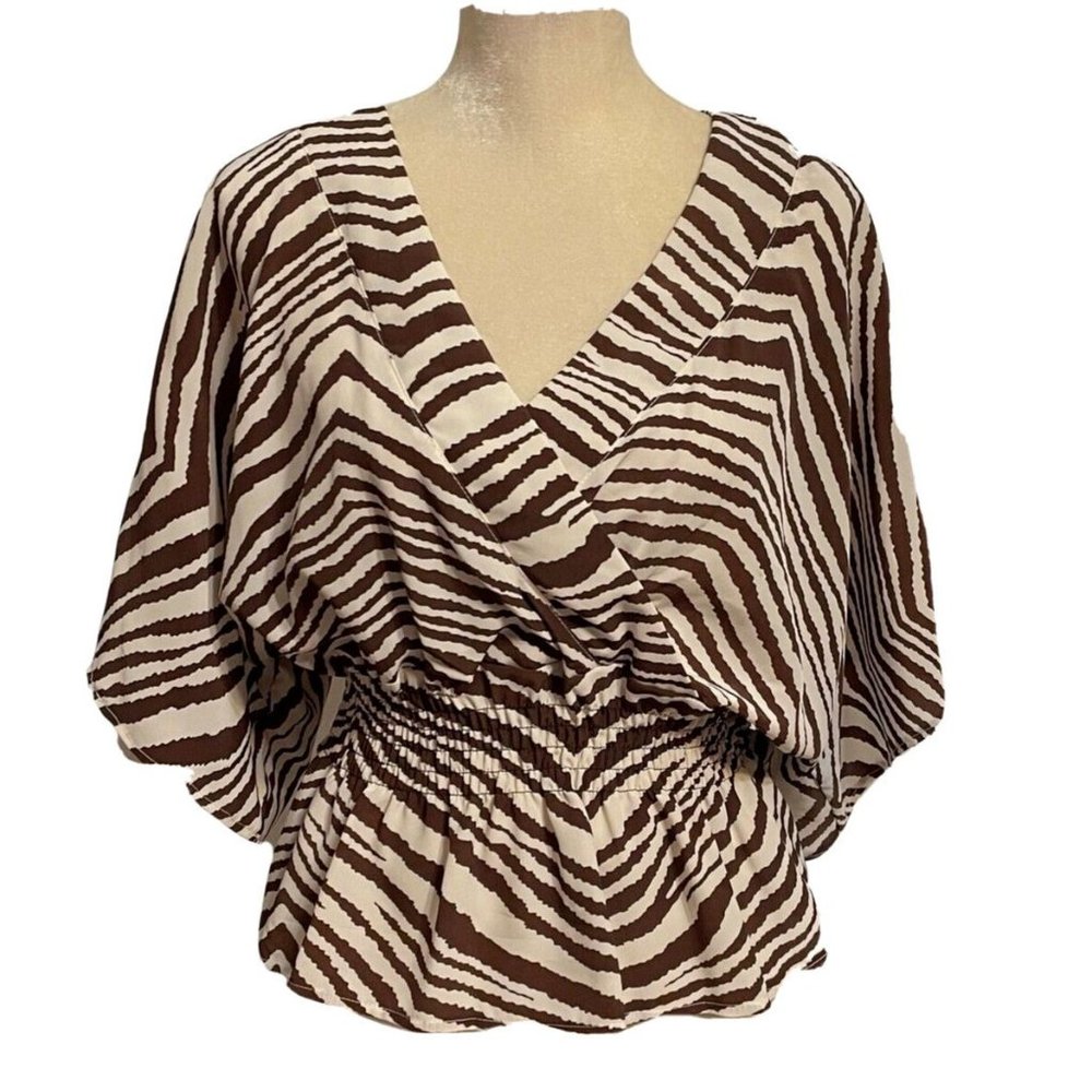 Jaquline Design Studio Brown Cream  Bell Sleeve Top Womens Large Ruched Waist